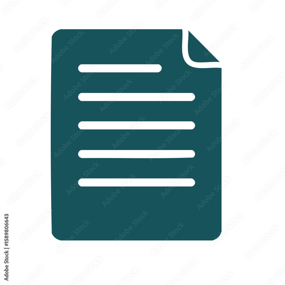 Poster paper document with curled corner in teal color with text lines