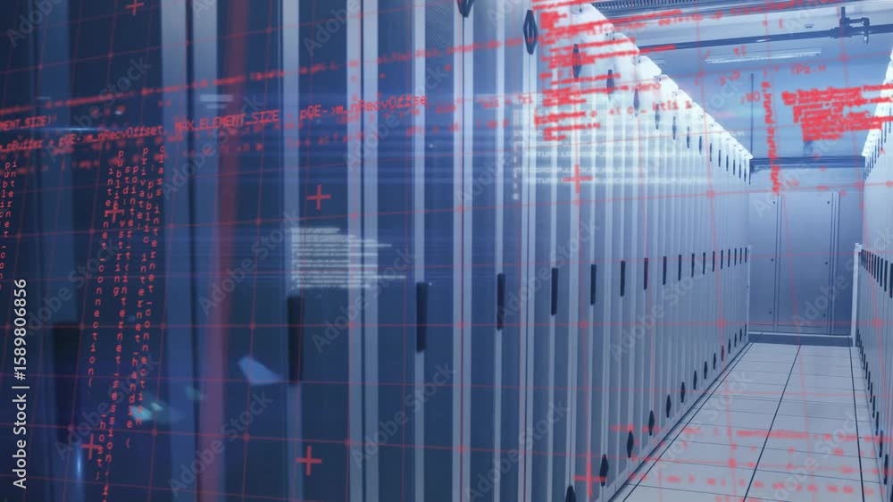 Poster red grid lines sweeping server aisle, code overlays intensifying and cascading, showing data scan