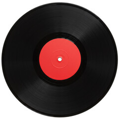 A single, classic black vinyl record (LP) with intricate, detailed grooves and a vibrant red center label, isolated against a pristine, transparent background with copy space, top-down view,