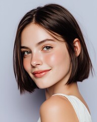 Brunette woman with a youthful glow, wearing a white top, showcases her radiant skin and modern bob hairstyle in a beauty portrait.