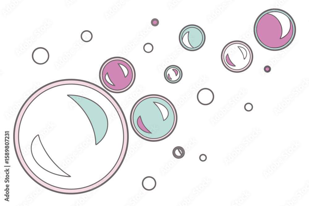 Poster elegant vector illustration of floating soap bubbles in various sizes and colors on a clean white ba