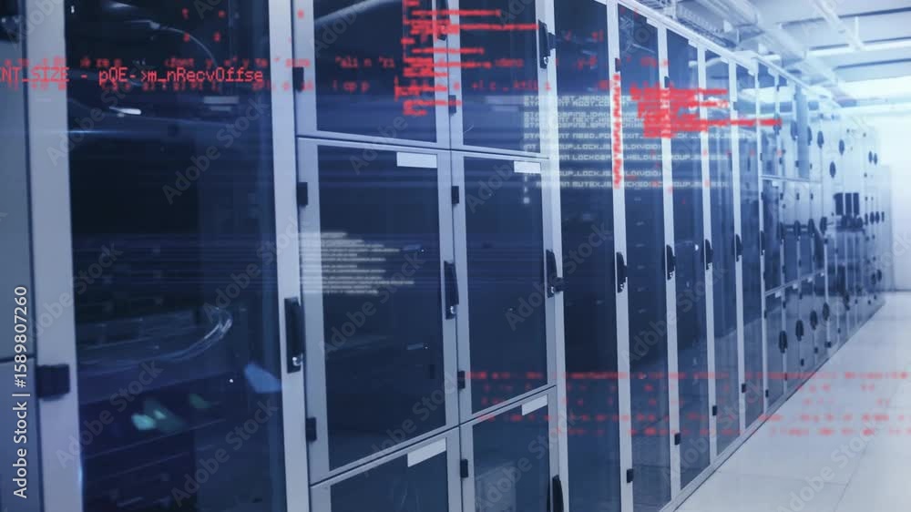 Poster on load, red code overlay emerging over server racks, scrolling then fading, showing data flow