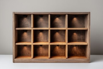 Elegant Wooden Shelf with Twelve Cubbies and Soft Interior Lighting Design