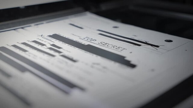 Top secret classified labelled document is scanned and photocopied in machine. Government secret and censored report is laying on photocopy and scanner. Stealing or exposing fraud and conspiracy