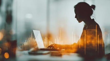 Attractive caucasian businesswoman working at desktop with laptop and glowing business chart on blurry office interior background. Trade, finance, market and financial growth concept. Double exposure