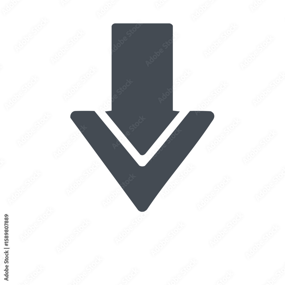 Aufkleber solid dark grey directional arrow pointing downwards against a stark white backdrop indicating direc