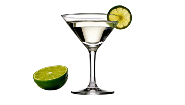 Elegant martini glass, classic cocktail, sophisticated drinkware, clear glass, slender stem, lime slice garnish, refreshing beverage, crisp appearance, white background, minimalist style, party access