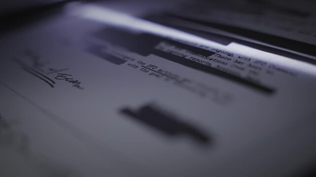 Close up on censored report or secret document while its being copied or scanned. Scanning and exposing classified government information and conspiracy and fraud. UFO and alien related data files