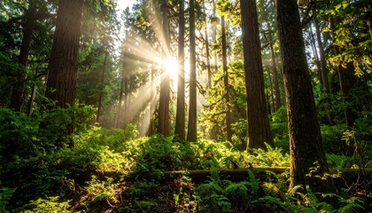 Obraz premium Sunlight streams through ancient forest