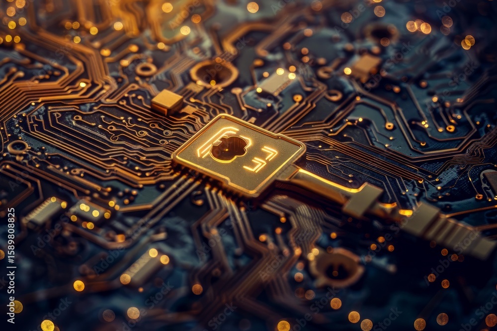 Poster golden key with cloud symbol represents unlocking potential of cloud computing on a circuit board, s