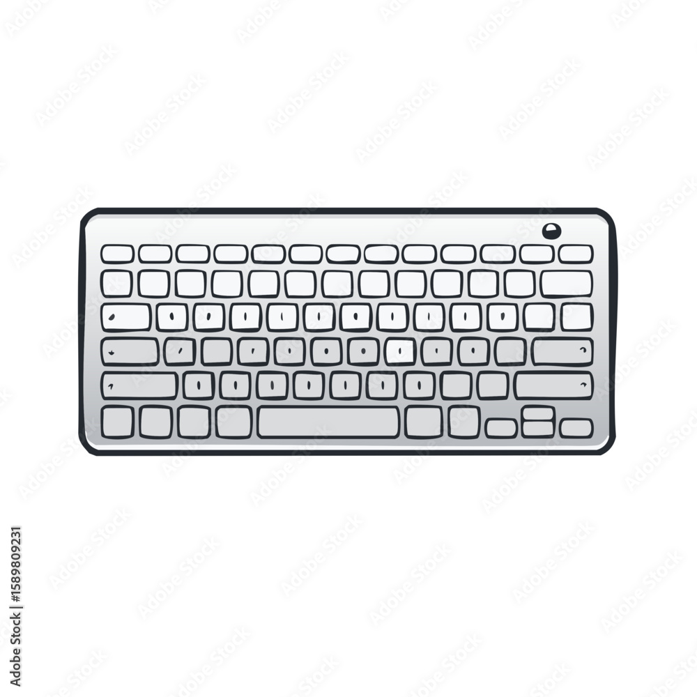 Poster illustration of a minimalist wireless computer keyboard with rounded keys and a clean aesthetic for 