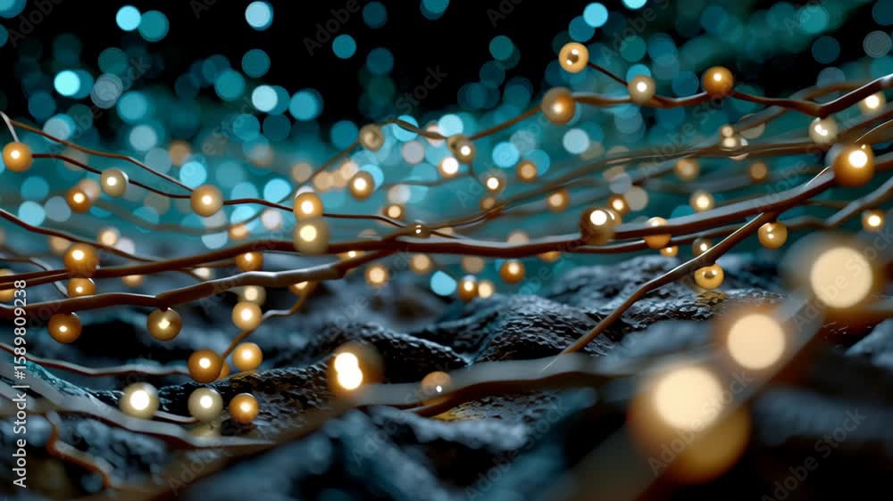 Poster glowing light orbs illuminate textured surface, revealing interconnected strands and layers, evoking
