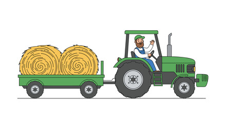 Farmer driving green tractor pulling trailer filled with hay bales and dog