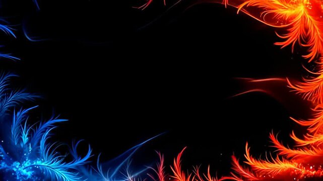 A mesmerizing Feather Border Frame drifting in gentle animations showcases vibrant hues of deep ocean blues and fiery sunset oranges, as ethereal wisps of light weave in and around the