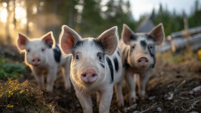 Charming farm pigs bask in morning light, their warm breath visible in the cool air, set against a tranquil countryside backdrop.