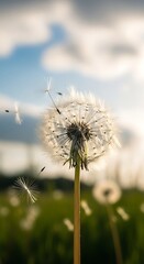 Obraz premium Serene Dandelion Seed Head with Dispersing Seeds, Backlit, Soft Focus, Summer Meadow