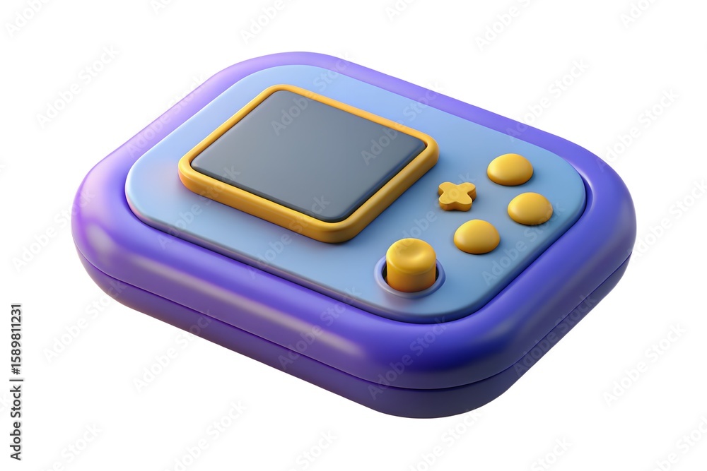 Poster retro 3d rendered handheld video game console with colorful buttons