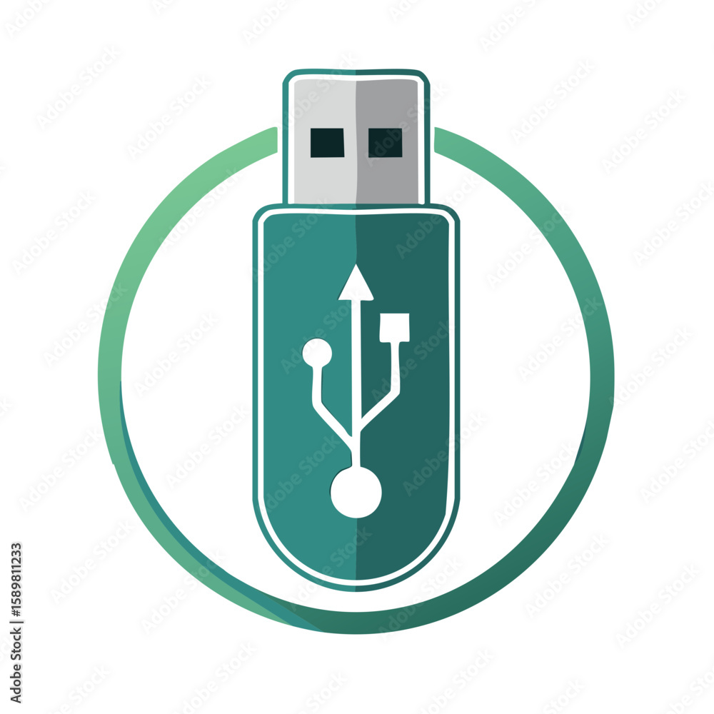 Aufkleber usb flash drive icon digital storage data device with teal body and circular frame