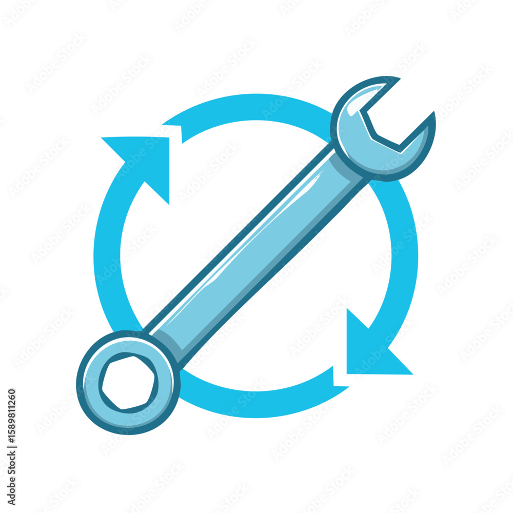 Poster repair process illustration showing a blue spanner with rotating arrows in circular motion