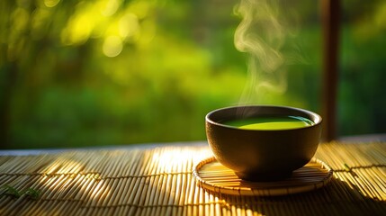 Steaming cup of green tea on a bamboo mat.