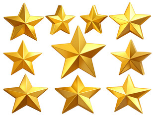 Obraz premium Set Floating Angular 3D Gold Star with Sharp Facets and Bright Highlights, Isometric View, Isolated PNG.