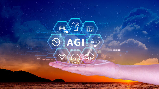 AGI concept, Artificial general intelligence, AI knowledge learning technology, AGI is the future of modern world, combination of humans and AI