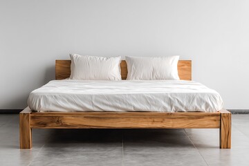 Minimalist Bedroom Interior with Teak Wood Bed Frame and Crisp White Bedding