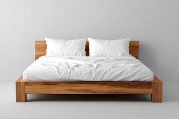 Simple and modern wooden platform bed with white bedding and pillows setup