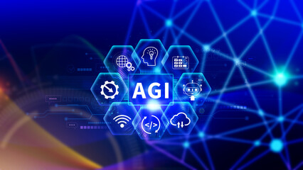 AGI concept, Artificial general intelligence, AI knowledge learning technology, AGI is the future of modern world, combination of humans and AI