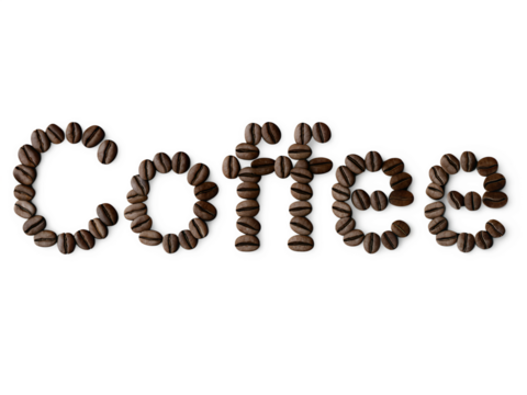 Coffee word written with coffee beans on transparent