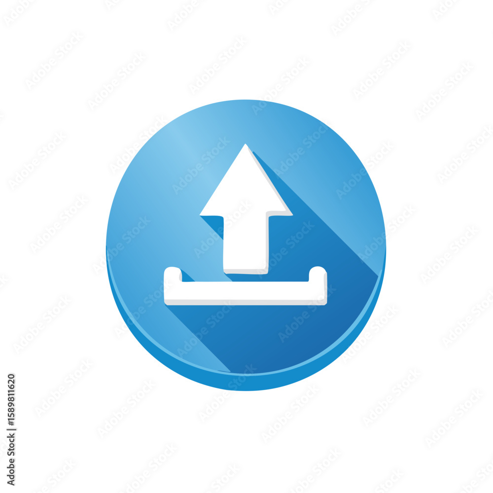 Poster blue circle upload icon with white arrow symbol and platform for sending data or files online digita