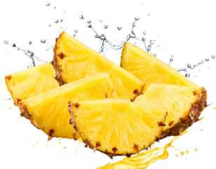 Set Floating Pineapple Wedge with Splashes and Droplets, Stylized Tropical Juice Icon, Transparent Background.