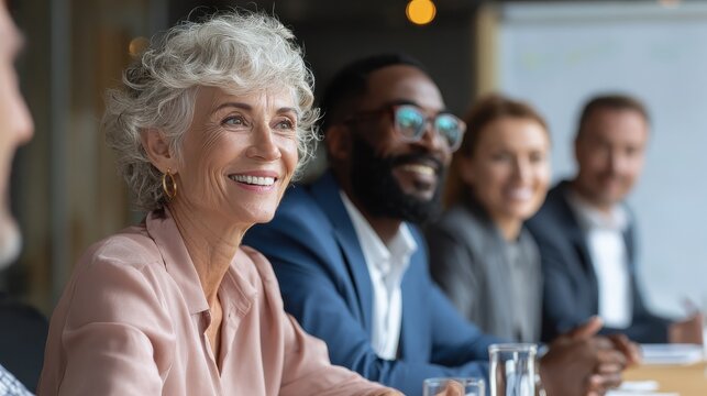 Senior older female executive ceo and happy multicultural business people discuss corporate project at boardroom table. Smiling diverse corporate team working together in modern meeting room office.,
