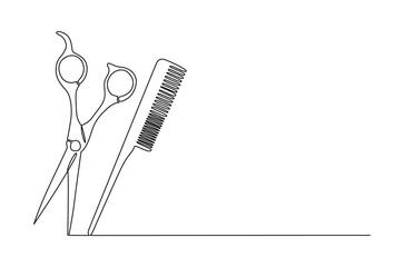 Continuous one line drawing of Scissor and comb icon. Single line drawing illustration of Crossed scissors and combs. Barbershop and salon concept vector art. Doodle line illustration.
