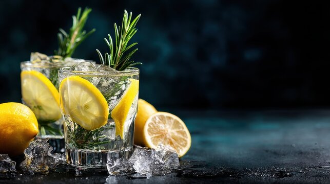 Refreshing cocktails with lemon slices and rosemary on a dark surface with ice and space for your text or branding message