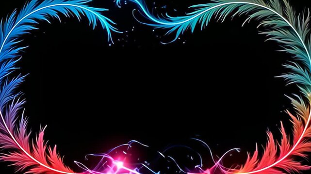 A Feather Border Frame drifting in gentle animations reveals a symphony of vibrant, swirling lights that dance elegantly, casting reflections of emerald, sapphire, and ruby hues, as the