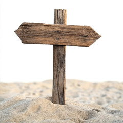 Weathered wooden directional signpost in sand against white background wooden signpost