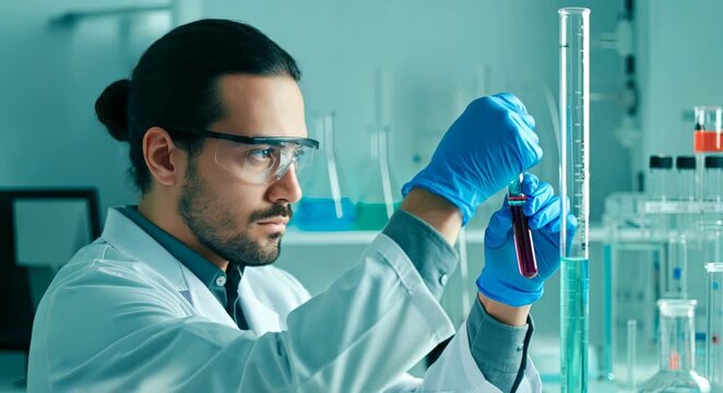 Male laboratory scientist is measuring liquid in a test tube while wearing gloves and glasses, demonstrating focus and professionalism in a modern research environment