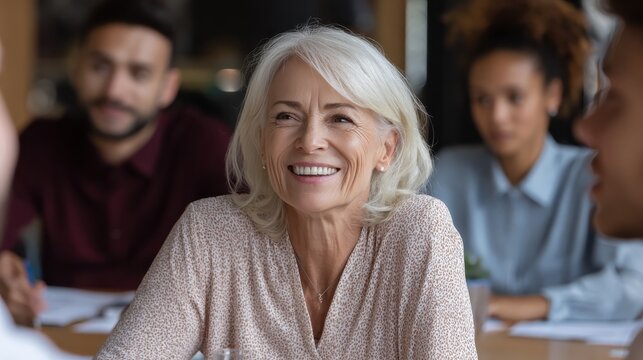 Happy mature old female mentor coach supervisor training young interns at group office meeting professional workshop. Smiling middle aged teacher professor laughing with students at university class, - Powered by Adobe