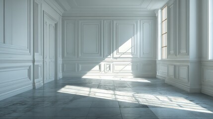 Sunlit Empty Room with Elegant White Paneling and Gray Floor