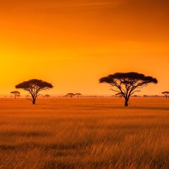 African savanna sunset landscape: acacia trees silhouetted against fiery orange sky, golden grass.