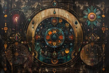 Fototapeta premium Intricate cosmic mandala painting depicting universe, spirituality, and esoteric knowledge, with vibrant colors and symbolic elements