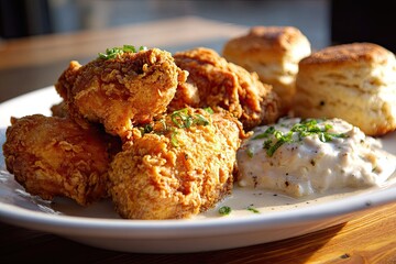 Crispy fried chicken with biscuits and creamy sauce