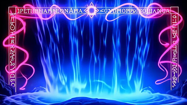 A vibrant Runic Border Frame inscribed with glowing glyphs emerges, adorned with pulsating ribbons of cerulean and magenta light cascading around it like a flowing waterfall, creating a