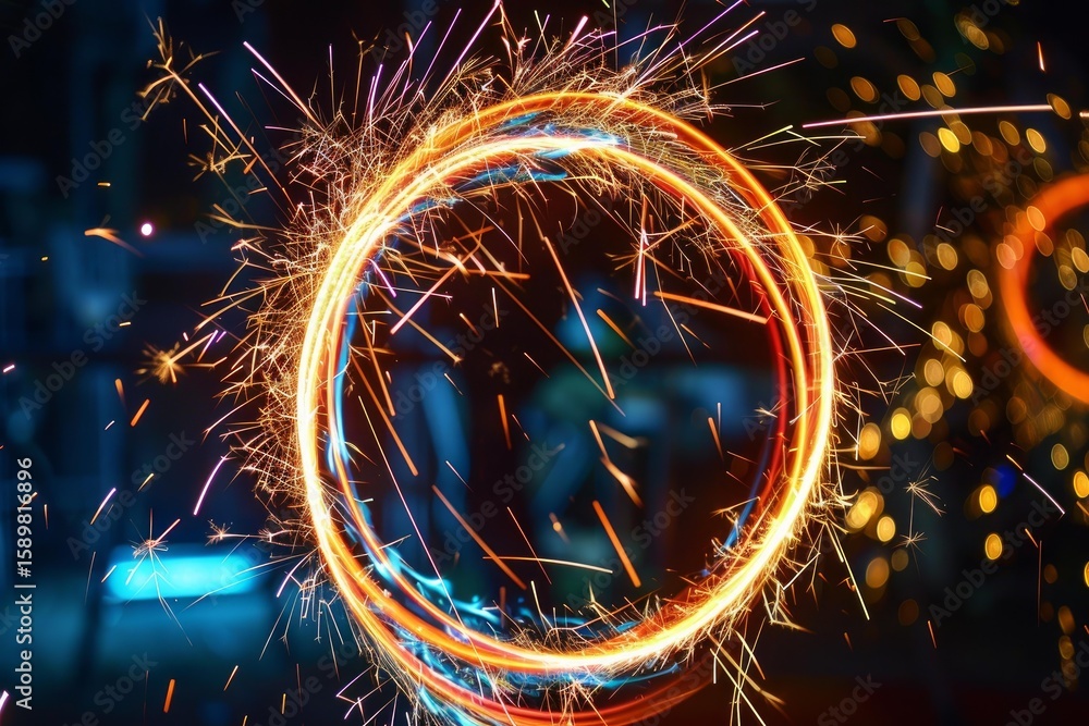 Aufkleber light painting creating a circle with sparks against a dark background