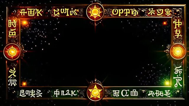In a scene of enchanting allure, the Runic Border Frame inscribed with glowing glyphs stands proud, surrounded by sporadic sparks of radiant gold and deep green that twinkle like starlight,