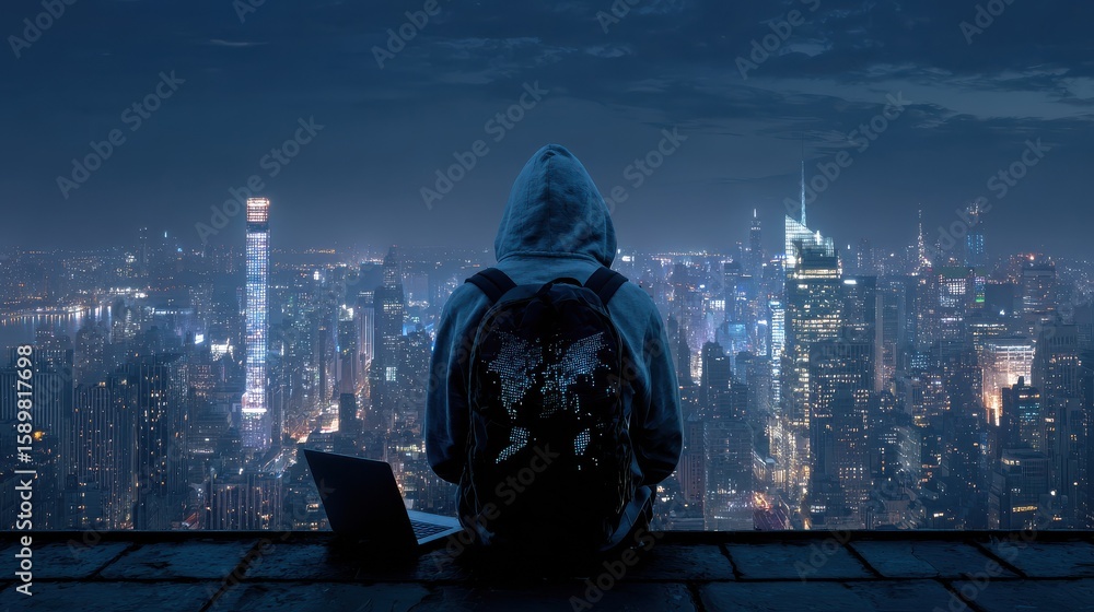 Poster back view of young hacker on rooftop with night new york city view and digital map. hacking and glob