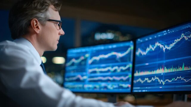 A businessman analyzes historical performance charts on a dual-screen trading setup with live market updates. - Powered by Adobe