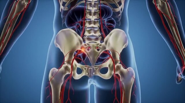 Medical animation visualizing radiating nerve pain from sciatica. Anatomy, lumbar spine, health concept.