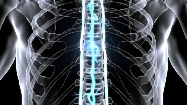 Dramatic 3D visualization of an acute spinal cord injury showing complete severance. Medical, trauma, paralysis concept.